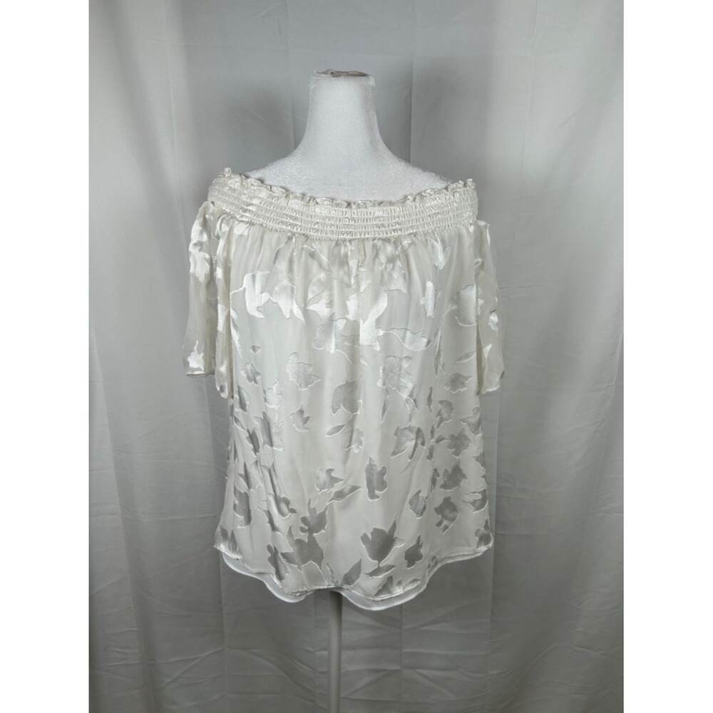 White House Black Market Silk Blend Off Shoulder Blouse Large Cream Floral